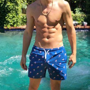 Bermies Classic Navy Miami Flamingo Men's Swim Trunks~6" inseam